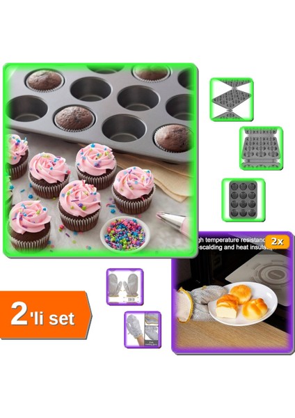 Alüminyum Folyo Bulaşık Eldiveni + 12 Gözlü Muffin Cupcake Kalıbı | Mutfak Ürünleri 2li Set - F6T3JW
