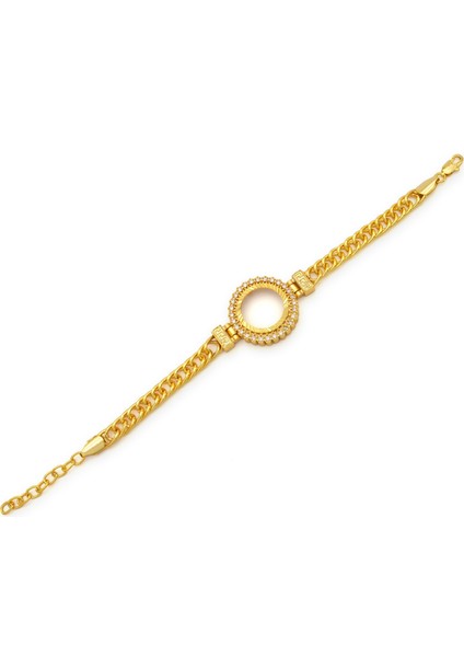 Altın Kaplama İmitasyon Zirkon Taşlı İşlemeli Zincir Çeyrek Çerçeve Bileklik BLK-1170