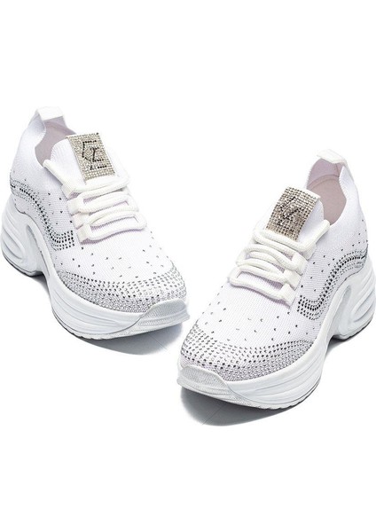 Kadın Gizli Topuk Taşlı Rahat Kalıp Bağcıklı Triko Spor Ayakkabı