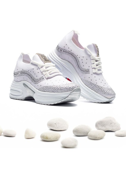 Kadın Gizli Topuk Taşlı Rahat Kalıp Bağcıklı Triko Spor Ayakkabı