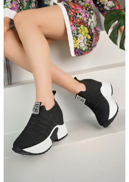 Kadın Gizli Topuk Taşlı Rahat Kalıp Triko Bağcıklı Spor Ayakkabı fiyatları