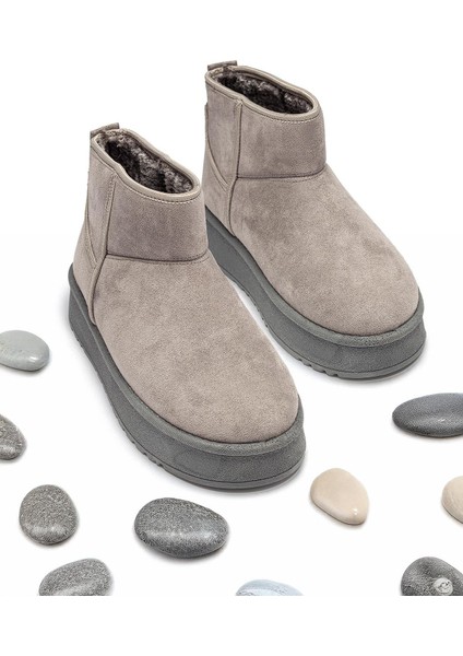 Kadın Gri Süet Bot Içi Kürklü Bilekte Kısa Topuklu Taban Kışlık Bot