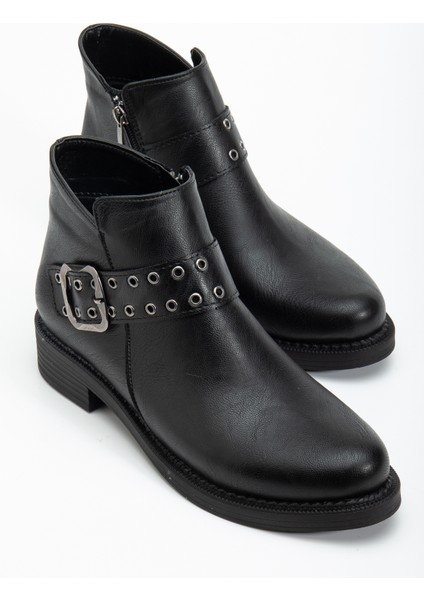 Kadın Siyah Cilt Kalın Termo Taban Kemer Toka Detaylı Fermuarlı Bot
