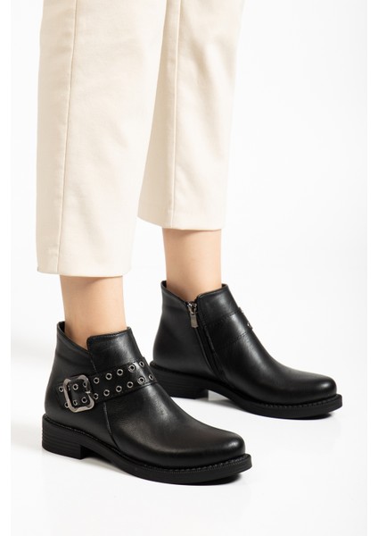 Kadın Siyah Cilt Kalın Termo Taban Kemer Toka Detaylı Fermuarlı Bot fiyatları