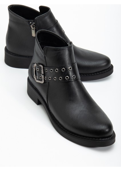 Kadın Siyah Cilt Kalın Termo Taban Kemer Toka Detaylı Fermuarlı Bot modelleri
