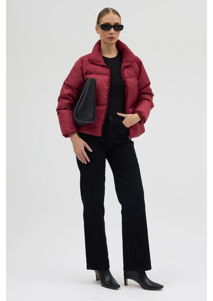 Kadın Bordo Fermuarlı Astarlı Kısa Şişme Mont modelleri