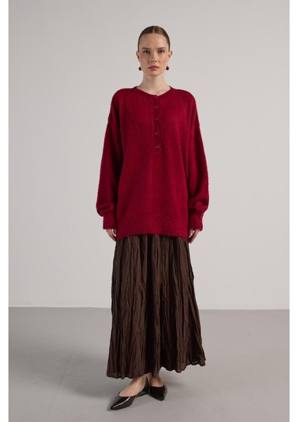 Kadın Bordo Düğme Detaylı Oversize Yumoş Kazak 30031 fiyatları