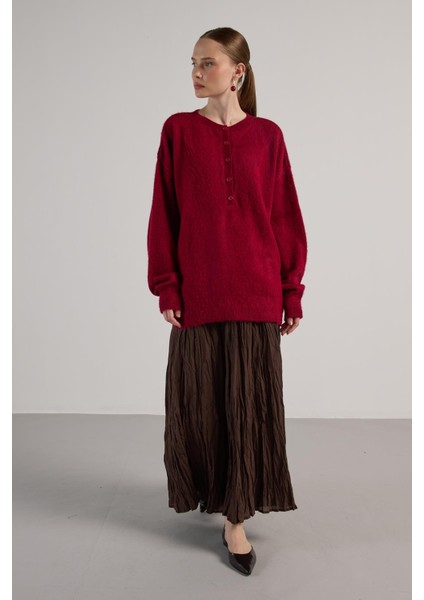 Kadın Bordo Düğme Detaylı Oversize Yumoş Kazak 30031 modelleri