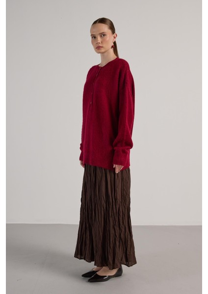 Kadın Bordo Düğme Detaylı Oversize Yumoş Kazak 30031 fırsatları