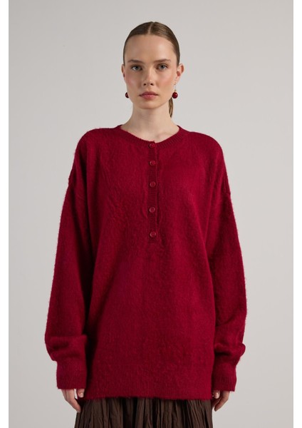 Kadın Bordo Düğme Detaylı Oversize Yumoş Kazak 30031 indirimleri