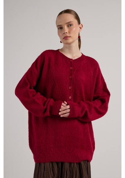 Kadın Bordo Düğme Detaylı Oversize Yumoş Kazak 30031