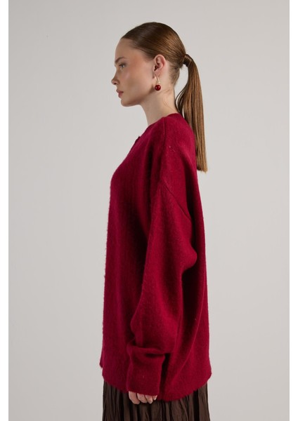 Kadın Bordo Düğme Detaylı Oversize Yumoş Kazak 30031