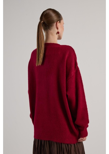 Kadın Bordo Düğme Detaylı Oversize Yumoş Kazak 30031