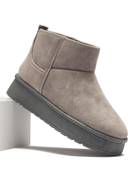 Kadın Gri Süet Bot Içi Kürklü Bilekte Kısa Topuklu Taban Kışlık Bot
