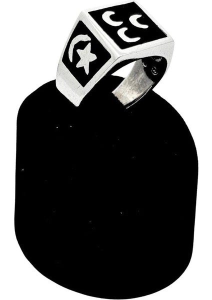 Kare Siyah Mineli Üç Hilal Gümüş Erkek Yüzük