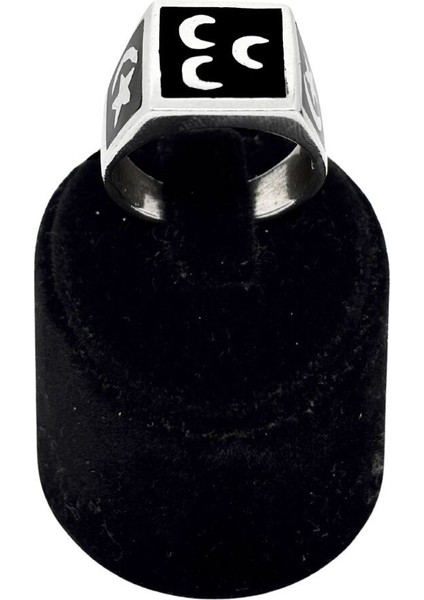 Kare Siyah Mineli Üç Hilal Gümüş Erkek Yüzük fiyatları