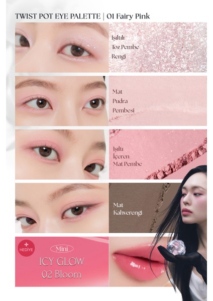 4'lü Far Paleti + Mini Boy Icy Glow (Set) Muzıgae Mansıon Twist Pot Eye Palette (01 Fairy Pink)