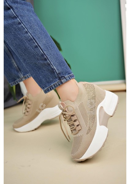 Kadın Gizli Topuk Taşlı Rahat Kalıp Bağcıklı Triko Spor Ayakkabı