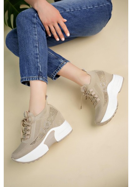 Kadın Gizli Topuk Taşlı Rahat Kalıp Bağcıklı Triko Spor Ayakkabı fiyatları