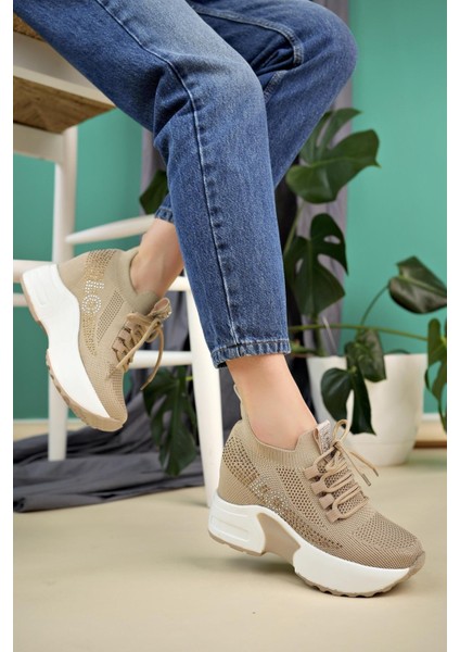 Kadın Gizli Topuk Taşlı Rahat Kalıp Bağcıklı Triko Spor Ayakkabı modelleri
