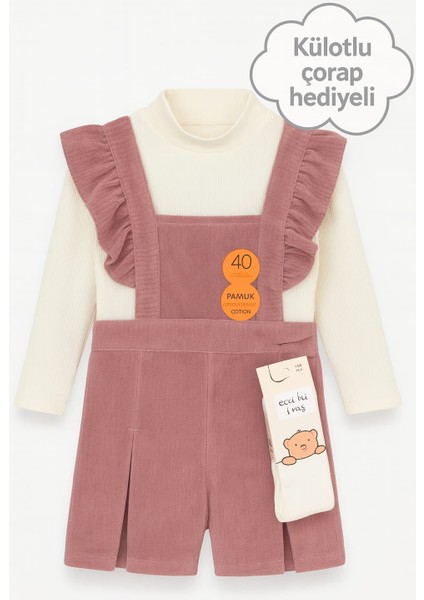 Kız Çocuk Pudra Renk Kadife Askılı Şortlu Tulum – Şık ve Rahat Günlük Kombin