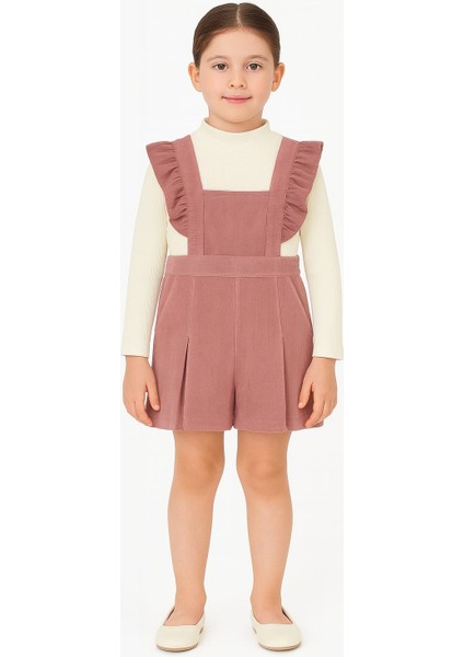 Kız Çocuk Pudra Renk Kadife Askılı Şortlu Tulum – Şık ve Rahat Günlük Kombin fiyatları