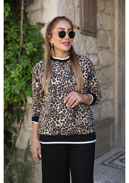 Buketli Kadın Üstü Uzun Kollu Leopar Desenli Pantolonlu Alt -Üst Takım