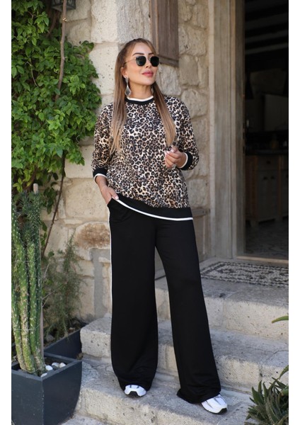 Buketli Kadın Üstü Uzun Kollu Leopar Desenli Pantolonlu Alt -Üst Takım fiyatları