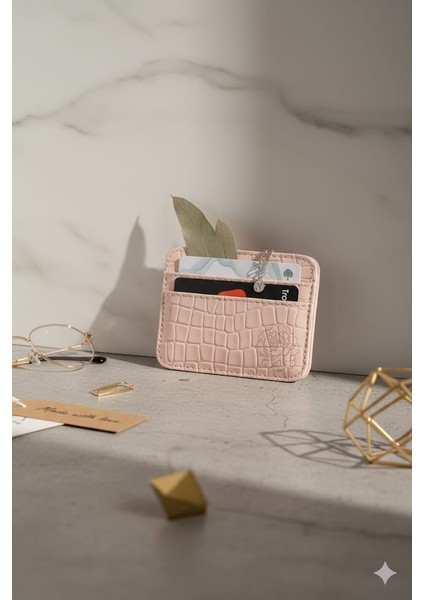 Pembe Deri Görünümlü Parlak Kartlık Mini & Cüzdan
