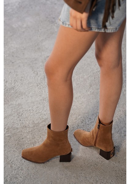 Kadın Topuklu Bot&Bootie Küt Burun Ahşap Desen Ökçe Fermuarlı Günlük Klasik Bot Noyes Taba Süet fiyatları