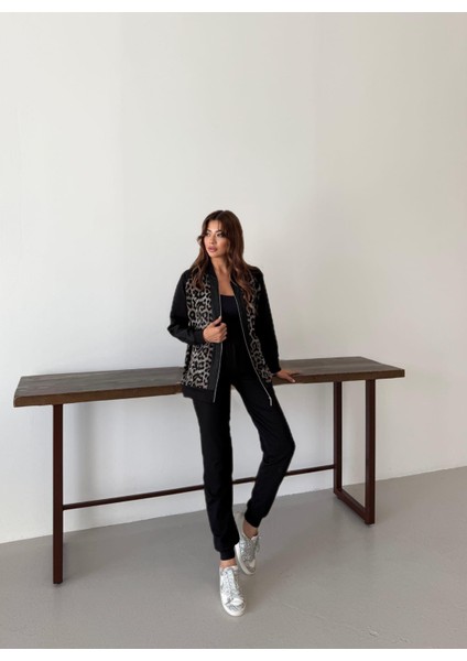 Buketli Kadın Full Fermuarl Simli Jakarlı Leopar Üsr ve Jogger Pantololu Alt Üst Ikili Takım