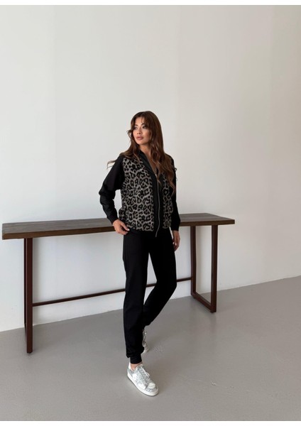 Buketli Kadın Full Fermuarl Simli Jakarlı Leopar Üsr ve Jogger Pantololu Alt Üst Ikili Takım fiyatları