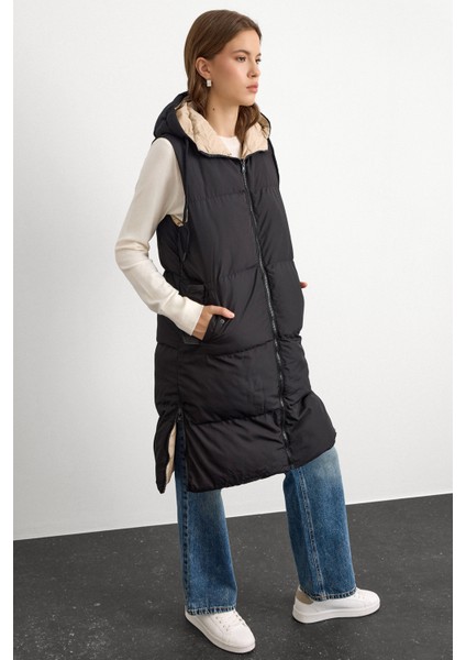 Kapüşonlu Fermuar Kapamalı Çift Taraflı Şişme Yelek SİYAH-TAŞ 8226 fiyatları