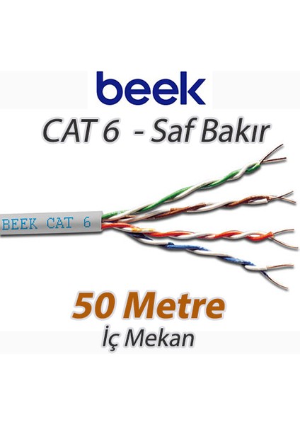Cat6 50 Metre Saf Bakır U-Utp Iç Mekan Data Kablosu 4X2X23 Awg Lsz