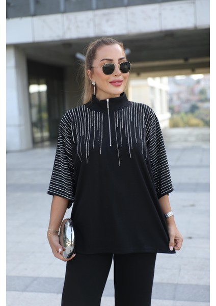 Buketli Kadın Taş Işli Truvakar Kol Üst ve Paçası Taş Işli Pantolonlu Alt Üst Ikli Takım