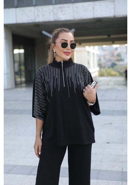 Buketli Kadın Taş Işli Truvakar Kol Üst ve Paçası Taş Işli Pantolonlu Alt Üst Ikli Takım fiyatları