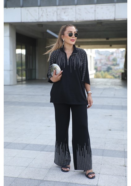 Buketli Kadın Taş Işli Truvakar Kol Üst ve Paçası Taş Işli Pantolonlu Alt Üst Ikli Takım modelleri