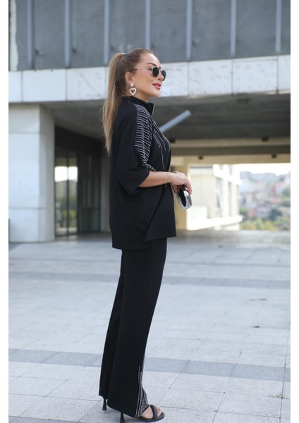 Buketli Kadın Taş Işli Truvakar Kol Üst ve Paçası Taş Işli Pantolonlu Alt Üst Ikli Takım fırsatları