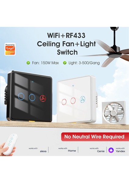 Akıllı Anahtar Fan Işığı 2 Yönlü RF433 Uzaktan Kumandalı Duvar Dokunmatik Anahtarı Tuya Akıllı Uygulama Ses Zamanlaması Beyaz (Yurt Dışından) fiyatları