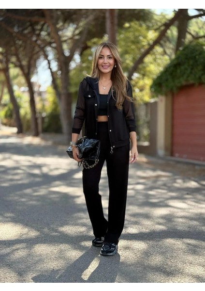 Şans Life Kadın Kolları & Üstü Tül Detaylı Kapşonlu Ceketli Pantolonlu Alt Üst Ikili Takım