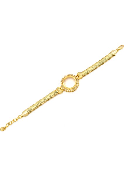 Altın Kaplama İmitasyon Zirkon Taşlı İşlemeli İtalyan Çeyrek Çerçeve Bileklik BLK-1167