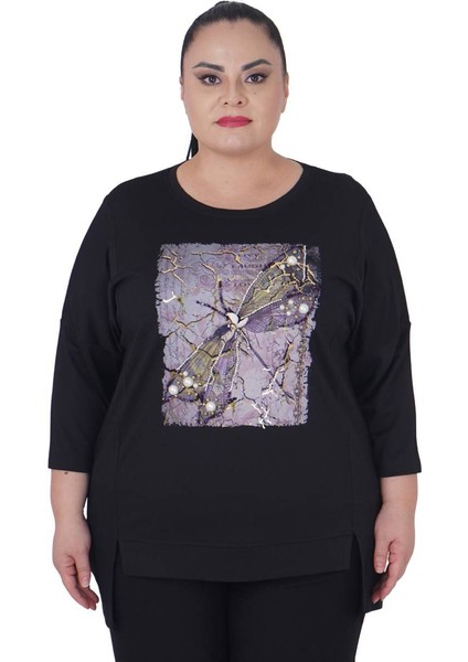 Büyük Beden Taş Işlemeli Baskılı Bluz