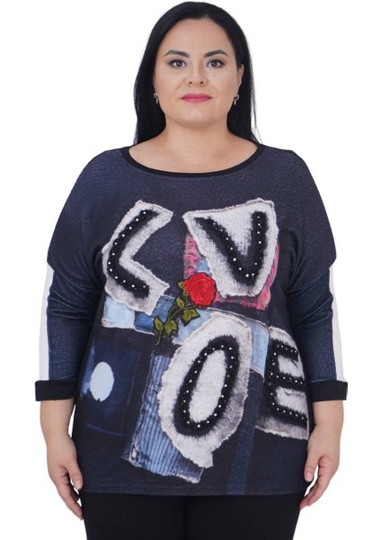 Büyük Beden Çiçek Nakışlı Love Nakışlı Kışlık Oversize Bluz