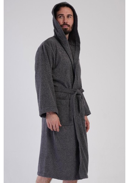 Erkek Kapüşonlu Koyu Gri Bornoz – Havlu Dokulu, Cepli, Kuşaklı C4T6N7161 fiyatları