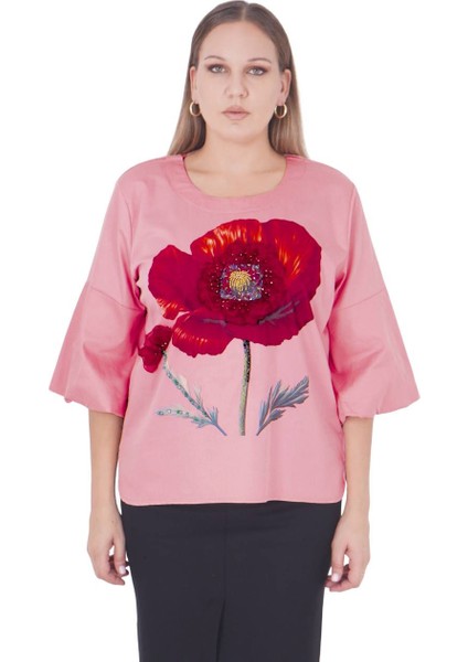 Büyük Beden Çiçek Motifli Karpuz Kollu Bluz