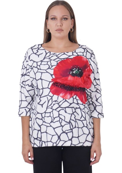 Büyük Beden Kırmızı Çiçek Motifli Kışlık Kapri Kol Bluz