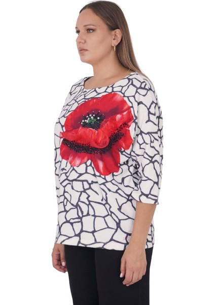 Büyük Beden Kırmızı Çiçek Motifli Kışlık Kapri Kol Bluz fiyatları