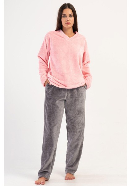 Kadın Pembe Renk Uzun Kollu Welsoft Kumaş Pijama Takımı C8T1N1304