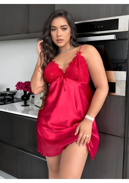 Kırmızı Dantel Detaylı Saten Büyük Beden Gecelik – 2xl / 3xl