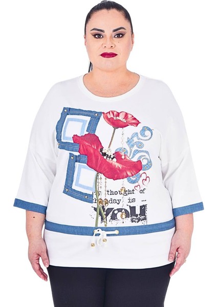 Büyük Beden Çiçek Motifli Belden Bağlamalı Tunik Taşlı Bluz